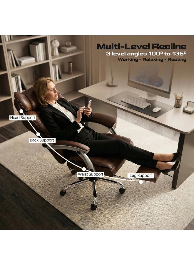 DROGO Emperium Office Chair for Work from Home 400LBS | Ergonomic Executive Boss Chair with PU Leather, High Back, Spacious Cushion Seat & Pumping Lumbar Support | Desk Chair with Premium Metal Base & Footrest Brown - Image 4